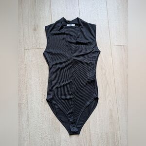 Zara Black Sleeveless Deep V- Neck Bodysuit